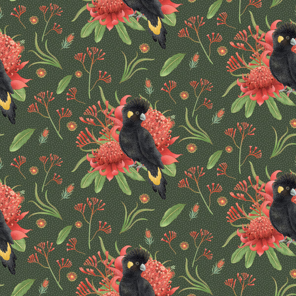 Jen Digital Christmas - Black Cockatoos on Green