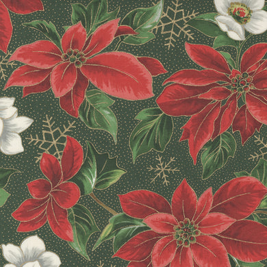 Merry Manor Metallic - Poinsettia Florals Evergreen