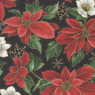Merry Manor Metallic - Poinsettia Florals Black