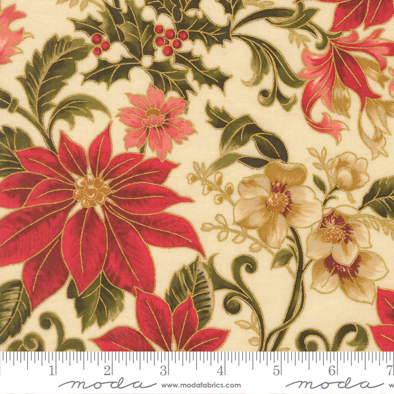 Merry Manor Metallic - Poinsettia Large Floral - Cream