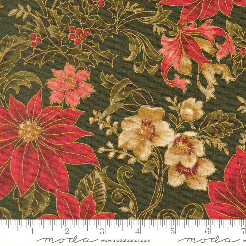 Merry Manor Metallic - Poinsettia Large Floral - Evergreen