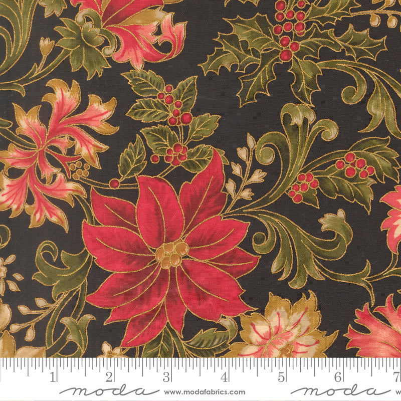 Merry Manor Metallic - Poinsettia Large Floral - Ebony