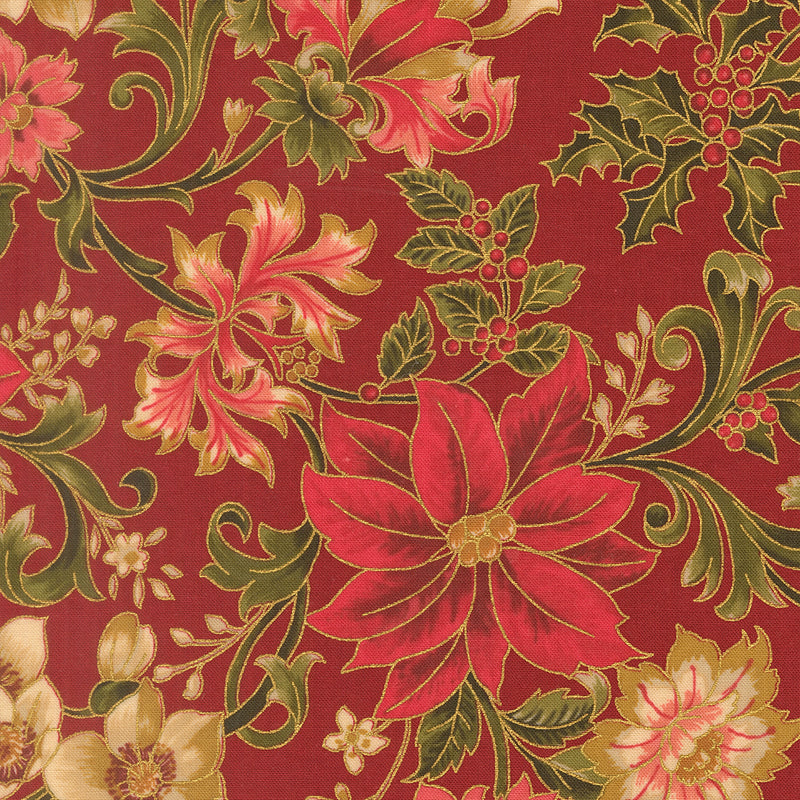 Merry Manor Metallic - Poinsettia Large Floral - Crimson