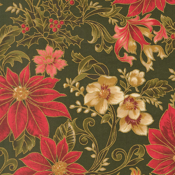 Merry Manor Metallic - Poinsettia Large Floral - Evergreen
