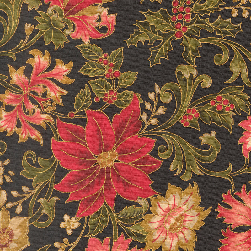 Merry Manor Metallic - Poinsettia Large Floral - Ebony