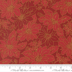 Merry Manor Metallic - Poinsettia Blooms Damask - Crimson