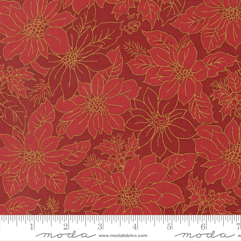 Merry Manor Metallic - Poinsettia Blooms Damask - Crimson