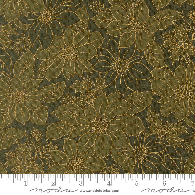 Merry Manor Metallic - Poinsettia Blooms Damask - Evergreen