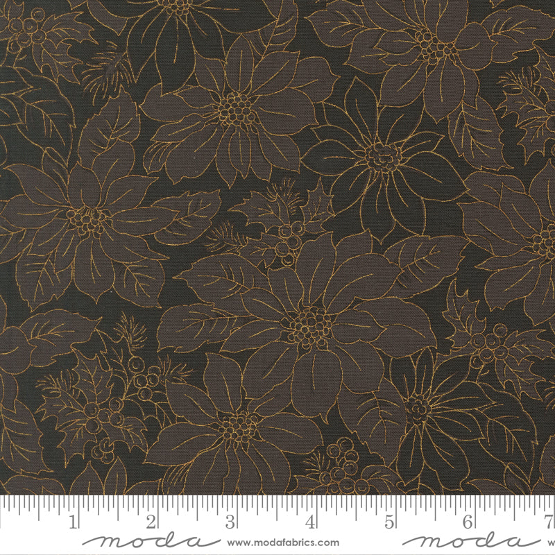 Merry Manor Metallic - Poinsettia Blooms Damask - Ebony