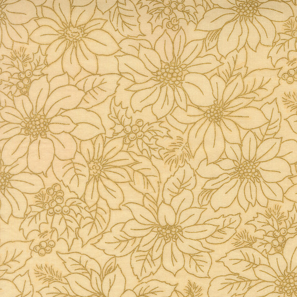 Merry Manor Metallic - Poinsettia Blooms Damask - Cream