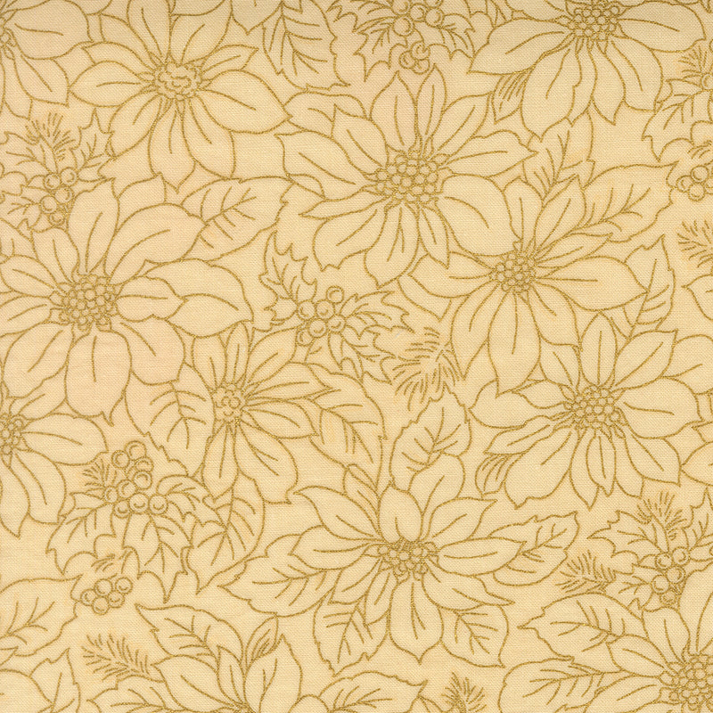 Merry Manor Metallic - Poinsettia Blooms Damask - Cream