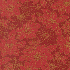 Merry Manor Metallic - Poinsettia Blooms Damask - Crimson