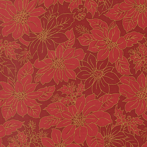 Merry Manor Metallic - Poinsettia Blooms Damask - Crimson