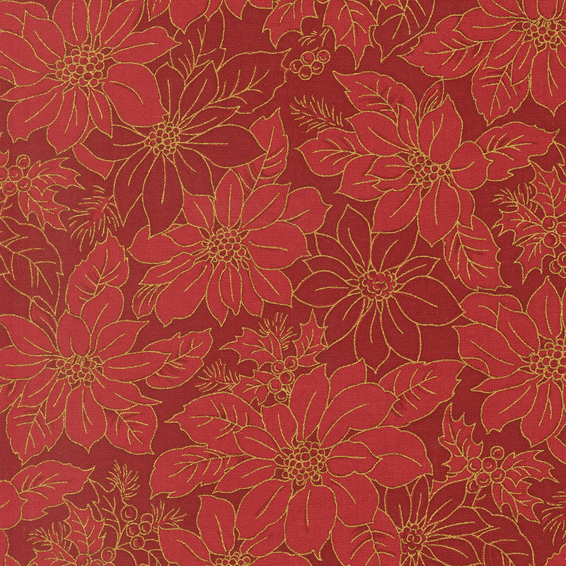 Merry Manor Metallic - Poinsettia Blooms Damask - Crimson