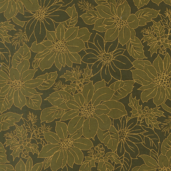 Merry Manor Metallic - Poinsettia Blooms Damask - Evergreen