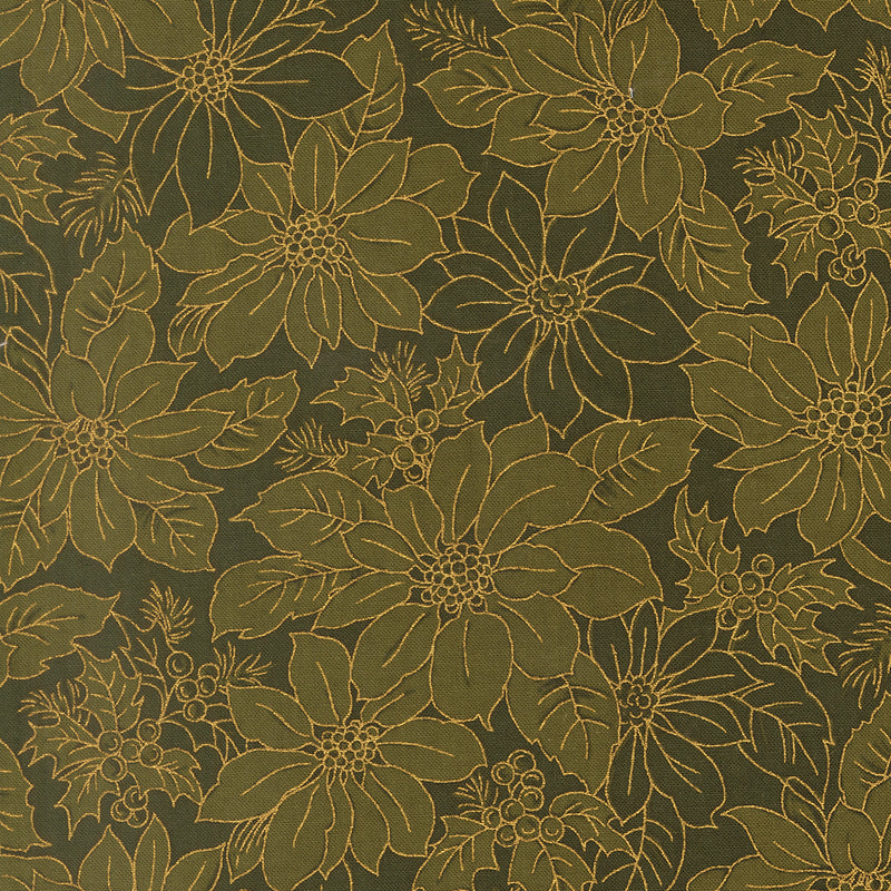 Merry Manor Metallic - Poinsettia Blooms Damask - Evergreen