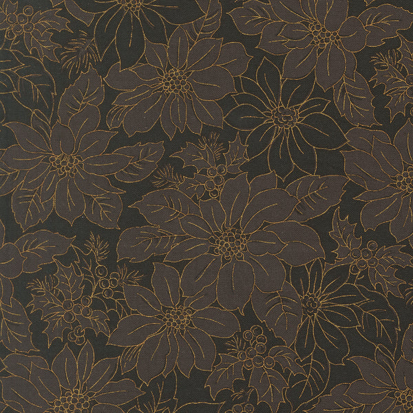 Merry Manor Metallic - Poinsettia Blooms Damask - Ebony