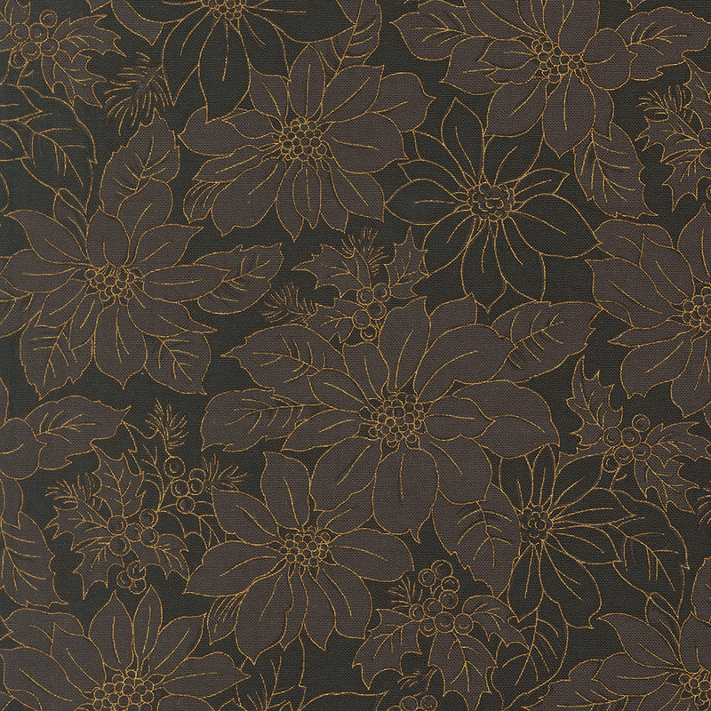 Merry Manor Metallic - Poinsettia Blooms Damask - Ebony