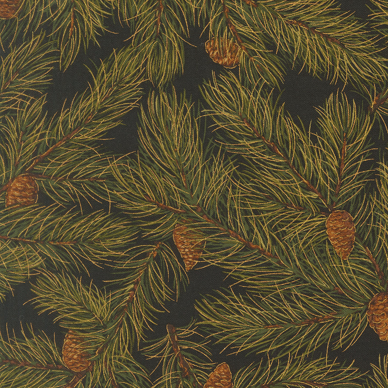 Merry Manor Metallic - Pine Cones - Ebony