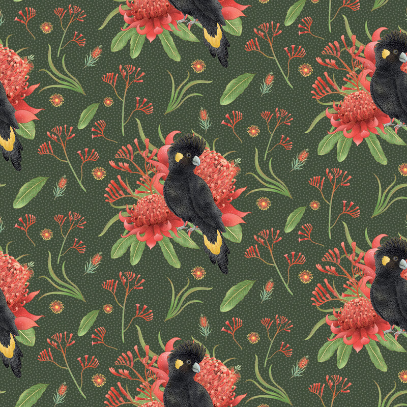 Jen Digital Christmas - Black Cockatoos on Green