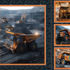 Collage of images featuring large orange dump trucks in a mining setting.