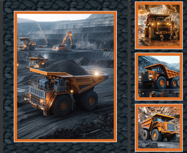 Collage of images featuring large orange dump trucks in a mining setting.