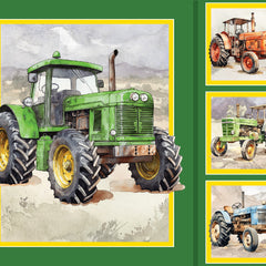 Collection of vintage tractors on a green background