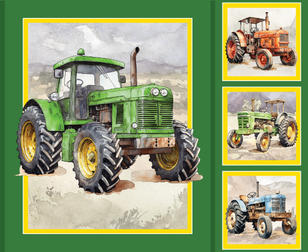Collection of vintage tractors on a green background
