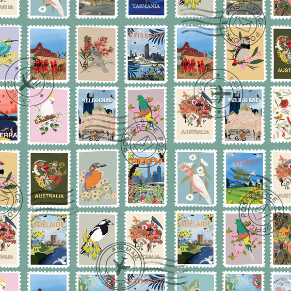 Aussie Backyard – Vintage Australia Stamps Teal – DV7870 quilting fabric by Robyn Hammond for Devonstone Collection