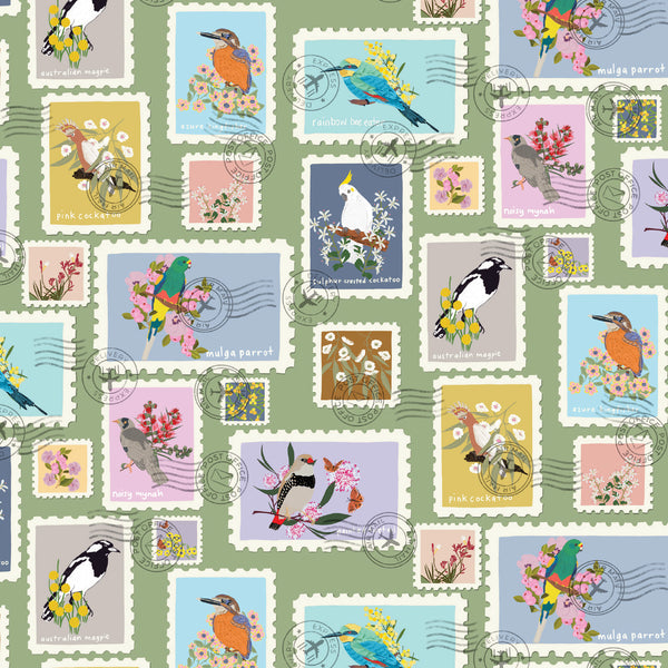Aussie Backyard – Backyard Bird Stamps Sage – DV7871 quilting fabric by Robyn Hammond for Devonstone Collection