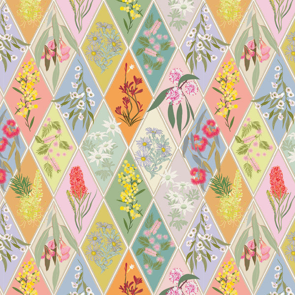 Aussie Backyard – Native Floral Diamonds Pastel – DV7873 quilting fabric by Robyn Hammond for Devonstone Collection