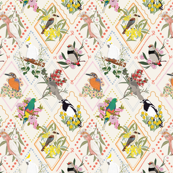 Aussie Backyard – Backyard Bird Portraits Cream – DV7874 quilting fabric by Robyn Hammond for Devonstone Collection