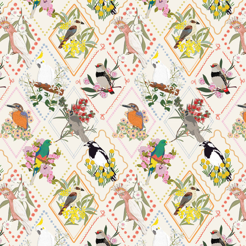 Aussie Backyard – Backyard Bird Portraits Cream – DV7874 quilting fabric by Robyn Hammond for Devonstone Collection
