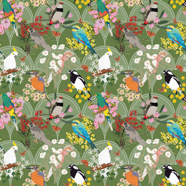 Aussie Backyard – Backyard Birds Olive – DV7875 quilting fabric by Robyn Hammond for Devonstone Collection