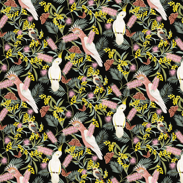 Aussie Backyard – Cockatoos & Wattle Black – DV7877 quilting fabric by Robyn Hammond for Devonstone Collection