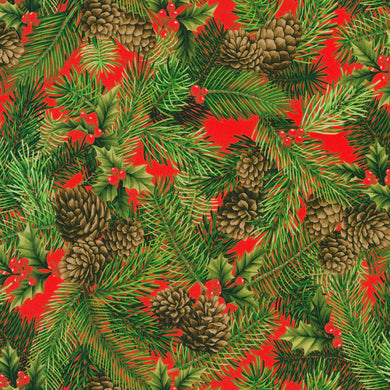 Vintage Christmas - Pine Boughs on Red