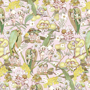 May Gibbs 108" Gossiping Gumnuts in Pink (sold by 1/2 metre)