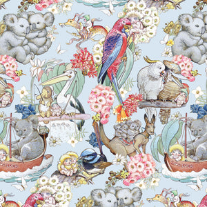 May Gibbs 108" Gumnut Adventures in Blue (sold by 1/2 metre)