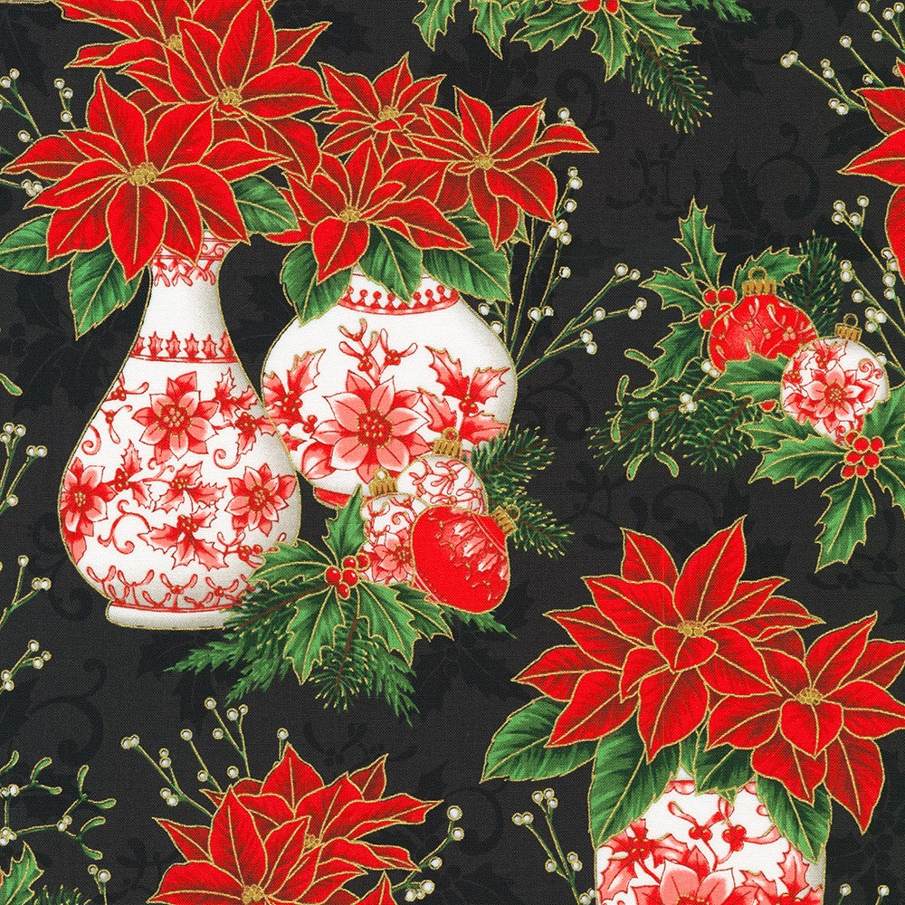 Holiday Flourish Festive Finery - Poinsettia Vases on Black